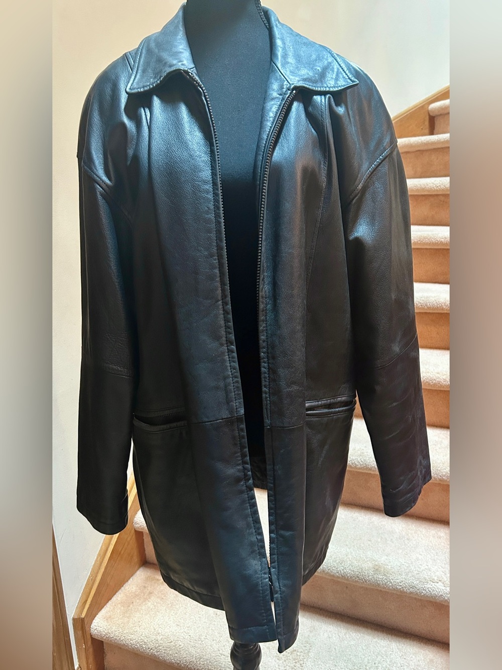 Danier Mid-Length Black Leather Jacket / Car Coat, Unisex, Vintage 1990s